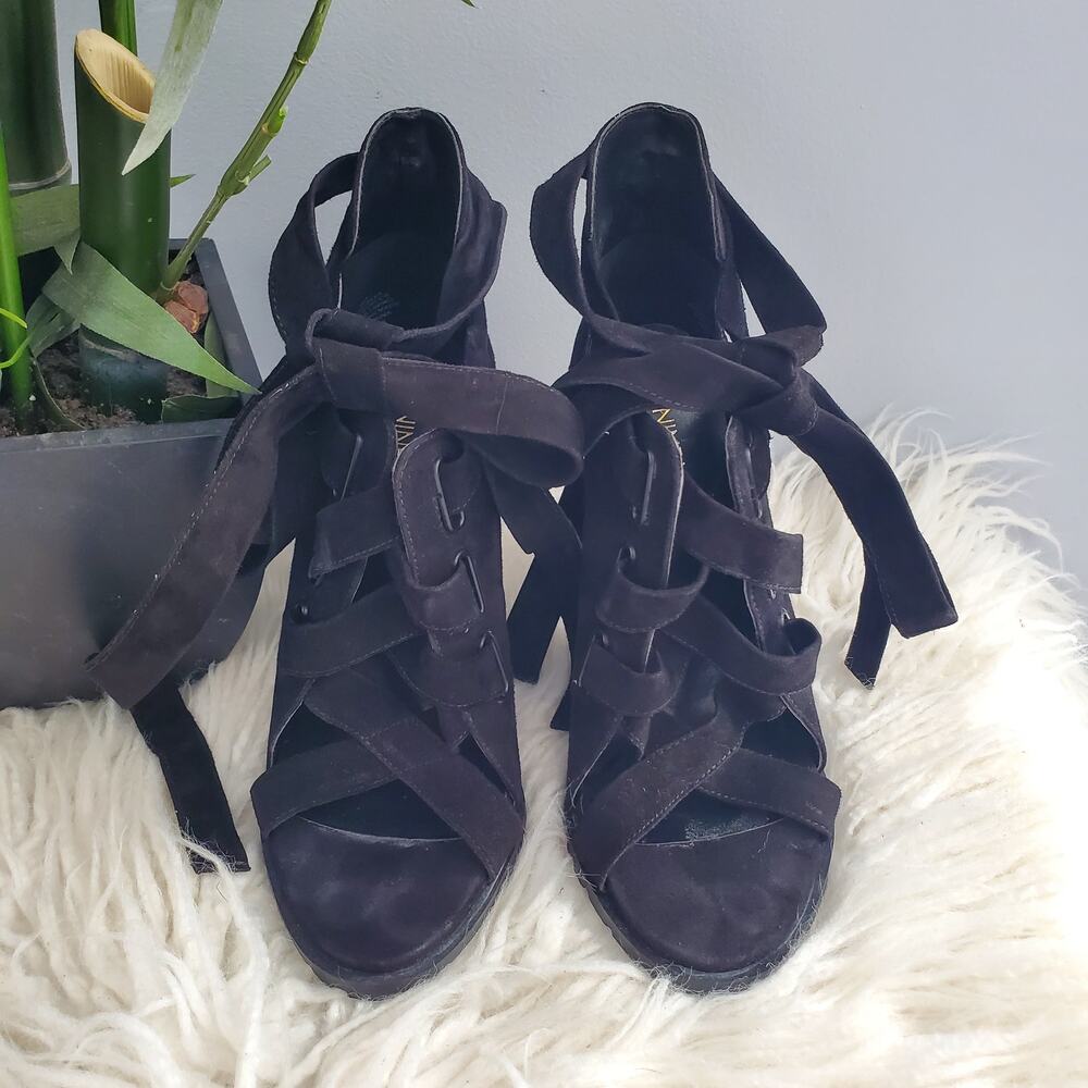 Nine West INESELLA Black Peep Toe Tie Up Pumps Size 6M